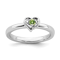 2.25mm 925 Sterling Silver Polished Prong set Rhodium plated Stackable Expressions Peridot Heart Ring Jewelry Gifts for Women - Ring Size Options: 10 5 6 7 8 9