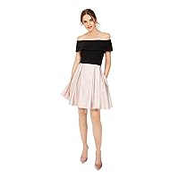 Betsy & Adam Womens Stretch Zippered Pleated Satin Short Sleeve Off Shoulder Short Party Fit + Flare Dress