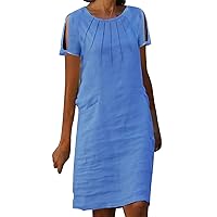 Slip Midi Dress Women's Round Neck Hollowed Out Shoulder Solid Color Cotton Linen Casual Dress Womens Collar Dress