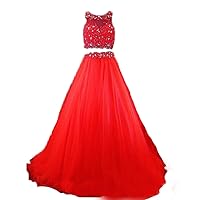 Two Piece Lace Prom Dresses Long Beaded Tulle Evening Party Ball Gown