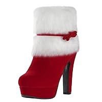 Women's Winter Red Fur Christmas Bow Decor Side Zipper Ankle Boots