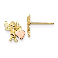 Solid 14k Yellow Gold Two Toned Cupid Heart Post Studs Earrings - 8mm x 6mm