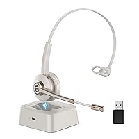 Wireless Headset with Microphone,Trucker Bluetooth Headset V5.2 with AI Noise Canceling Mic&USB Dongle, Wireless Headphones with Charging Base and Mute Function for Computer/Phone/Office/Skype