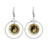 China Taichi Eight Diagram Ink Earrings Dangle Hoop Jewelry Drop Circle