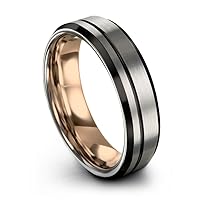 Tungsten Wedding Band Ring 8mm for Men Women Bevel Edge Grey Black 18K Rose Gold Offset Line Brushed Polished