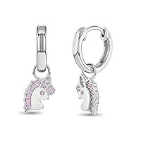 925 Sterling Silver Pink Cubic Zirconia Unicorn Dangle Hoop Earrings For Young Girls 12mm - Enchanting Unicorn Jewelry for Little Girls - Delicate CZ Earrings For Fashionable Girls