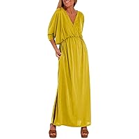 Sundresses for Women 2024 Trendy, Women's Fashion Loose Solid Color High Waist Split V Neck Dress Mumu, S XXXXXL