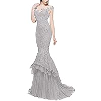 Women's Off Shoulder Mermaid Prom Dress Long Lace Tulle Evening Gown Dress