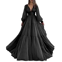 Long Puffy Sleeve Prom Dresses Ball Gown for Women Chiffon V Neck Ruched Formal Evening Party Gown
