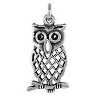 1 3/8 inch Sterling Silver Perching Owl Necklace Diamond-Cut Oxidized finish available with or without chain