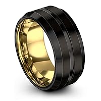 Tungsten Wedding Band Ring 10mm for Men Women Bevel Edge Black 18K Yellow Gold Brushed Polished
