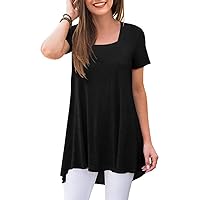 POPYOUNG Plus Size Summer Tunics for Women to Wear with Leggings Casual Square Neck Short Sleeve T-Shirt Loose Blouse