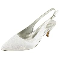 Womens Lace Wedding Sandals Pointed Toe Wedding Dress Party Slingback Kitten Heel Pumps Ivory US 9.5
