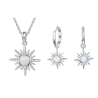 Women's 925 Sterling Silver Jewelry Wedding Bridal CZ Opal Personality Creative Diamond Sun Flower Pendant Necklace Hoop Earrings Set, ys/m, Sterling Silver, Opal