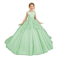 Lace Tulle Flower Girl Dresses for Wedding Princess Long Puffy Formal Ball Gown Appliques First Communion Dress with Bow
