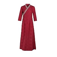 Cotton Splicing Silk Embroidery Dress Women's Red Dress Wrap V Neck Improved Hanfu Dress 2560