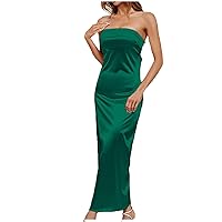 Women's Basic Sleeveless Tube Top Sexy Strapless Bodycon Maxi Club Dress Backless Satin Dress Evening Party Dresses