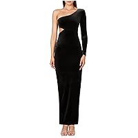 L'VOW Fitted One Shoulder Long Sleeve Cut Out Bodycon Maxi Slit Velvet Dress for Homecoming(Black, Large)