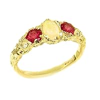 14k Yellow Gold Real Genuine Opal and Ruby Womens Band Ring
