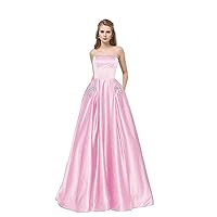 Women's Strapless Stain Prom Dress A Line with Beaded Pockets Party Evening Dress Lace Up Back