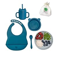 Complete Silicone Feeding Set Suction Baby Bowl&Plate|Bib|Cute Bear Cup Spoon Organic 100% BPA-Free Baby Led Weaning Utensils|6Pieces Dishwasher,Microwave Safe|Platos para Bebes (OceanBlue/Gray)
