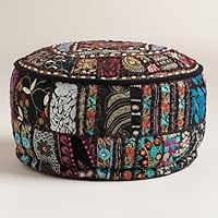 Decorative Patchwork Comfortable Indian Ottoman Ethnic Cotton Cushion Bean Bag Designs Floor Embroidered Pouf Cover (Black, 18
