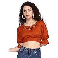 Generic Crop Top for Women with Floral Print, Round Neckline, Half Sleeves, White (US, Alpha, Small, Regular, Regular, Brown,)