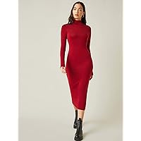Women's Dress High Neck Solid Bodycon Dress Dress for Women (Color : Burgundy, Size : Small)
