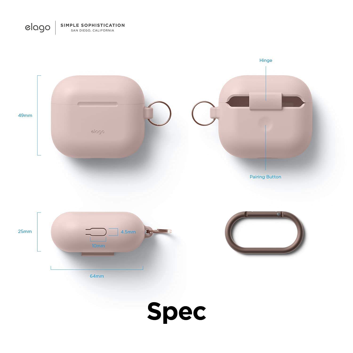 elago Silicone Case Cover - Compatible with AirPods 3rd Generation, Carabiner Included, Supports Wireless Charging, Shock Resistant, Full Protection (Sand Pink)