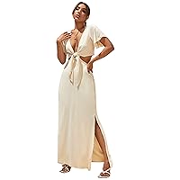 COZYEASE Women's Short Sleeve Maxi Dress Tie Front Split Hem A Line Dress Summer Casual