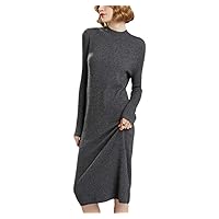 Women 100% Cashmere Knitwears Dress Winter O-Neck Long Pullovers Solid Colors Dresses