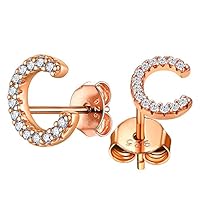 Hypoallergenic Initial Earrings Rose Gold Plated Dainty Minimalist Jewelry Cubic Zirconia Alphabet A-Z Letter Stud Earrings for Women Girls Sensitive Ears, Letter C