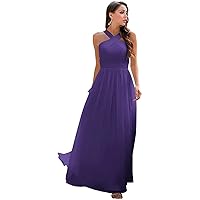 Bridesmaid Dress for Women Halter Neck Chiffon Ruched A Line Sleeveless Formal Evening Party Gowns for Wedding