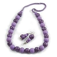 Chunky Wood Bead Cord Necklace and Earring Set with Animal Print in Lavender Purple/ 76cm L