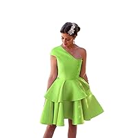 Women's Sleeveless Satin One Shoulder A Line Cocktail Dresses Lace Applique Short Party Dress Fruit Green