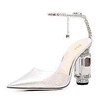 FSJ Women Bridal Heeled Sandals Pointy Toe Crystal Chain Ankle Strap Pumps Luxury Rhinestone Embellished Chunky Heels Wedding Party Dress Shoes Size 4-16 US