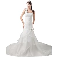 Ivory One Shoulder Flower Strap Wedding Dress With Organza Layered