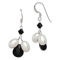 925 Sterling Silver Dangle Shepherd hook Simulated Onyx White Freshwater Cultured Pearl Jet Crystal Earrings Measures 39x9m Jewelry for Women