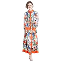 Vintage Baroque Flowers Print Stand Mock Neck Bow Tie Long Sleeve Women Ladies Casual Party Vacation Maxi Shirt Dresses