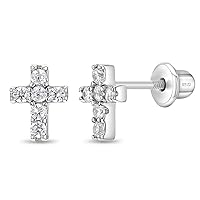 925 Sterling Silver Cubic Zirconia Little Cross Shape Stud Earrings with Safety Screw Back Lock for Toddlers, Little Girls, Pre-Teens & Teens - Christian Jewelry for Sweet & Loving Children