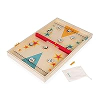 Janod Wooden Classic Sling Puck Tabletop Game with 10 Discs, 2 obstacle pegs, and 6 scoring pegs with carry bag, for 2 Players - S.T.E.M. Toy for Ages 6+ - J02079