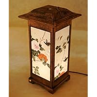 Mulberry Rice Paper Shade Handmade Four Flower Folk Painting Design Square Brown Lantern Asian Oriental Decorative Bedside Bedroom Home Decor Accent Table Light Lamp