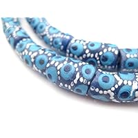 TheBeadChest Painted African Krobo Beads - Full Strand of Ghanaian Tribal Glass Beads for Necklace or Jewelry Making (Spotted Blue)