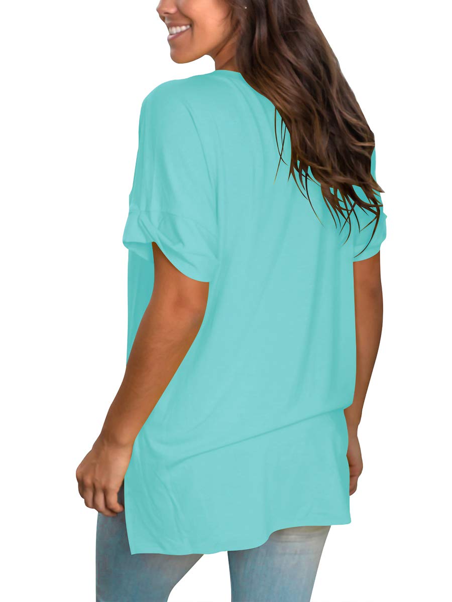 SAMPEEL Women's V Neck T Shirts Casual Rolled Short Sleeve Side Split Summer Tops Loose Fit