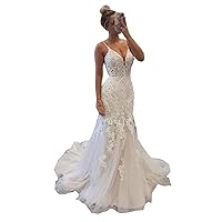 Women's Spaghetti Strap Lace Beaded Mermaid Wedding Dresses for Bride with Train Tulle Beach Bridal Ball Gowns