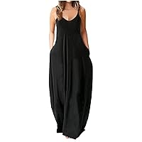 Women's Maxi Dresses Summer Casual V-Neck Sleeveless Spaghetti Strap Cami Dress Plus Size Beach Dress with Pockets