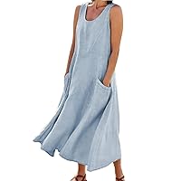 Linen Tank Dress for Women Maxi Dress Summer 2023 Cotton Sleeveless Loose Dresses with Pockets Crewneck Flowy Plus
