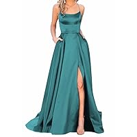 Satin Prom Dresses with Pockets Spaghetti Straps Evening Gown with Slit Long Homecoming Dresses for Women Dark Cyan US10