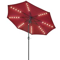 Patio Watcher 9 Feet Solar Umbrella 40 LED Lighted Patio Umbrella Outdoor Umbrella with Push Button Tilt and Crank, 8 Steel Ribs, Red