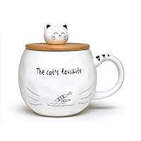 Cute Cat Mug Ceramic Mug with Spoon and Wood Lid Cute Design Fine Porcelain Cups Perfect For Coffee, Tea and Beverage